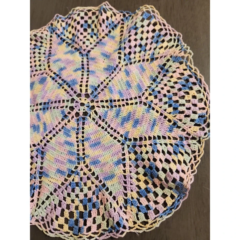 Vintage Pastel Variegated Crochet Doilies Set 2 Colorful Maximalist Decor Flaw*